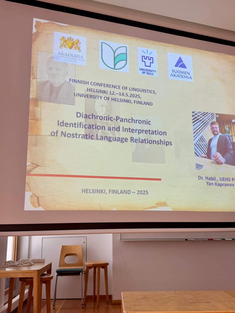 Prof. Yan Kapranov presenting at the Finnish Conference of Linguistics, University of Helsinki, 14 May 2025.